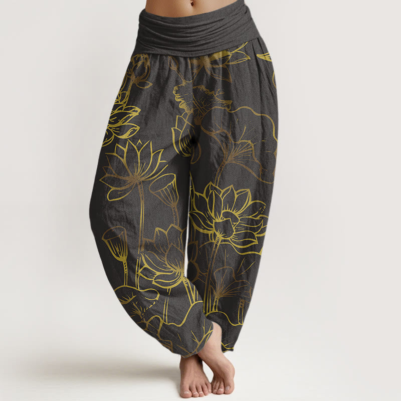 Damskie spodnie haremowe z elastyczną talią i bawełnianym nadrukiem z motywem Buddha Stones i kwiatów lotosu - Łupkowoszary - US22, UK/AU26, EU54 (6XL) - image 8
