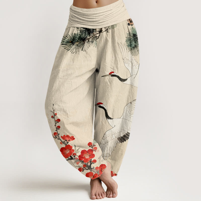 Damskie spodnie haremowe z elastyczną talią i nadrukiem w Buddha Stones, żurawie i kwiaty śliwy - Beżowy - US22, UK/AU26, EU54 (6XL) - image 0