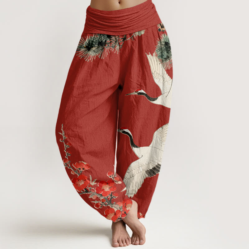 Damskie spodnie haremowe z elastyczną talią i nadrukiem w Buddha Stones, żurawie i kwiaty śliwy - Cegła ogniotrwała - US22, UK/AU26, EU54 (6XL) - image 8