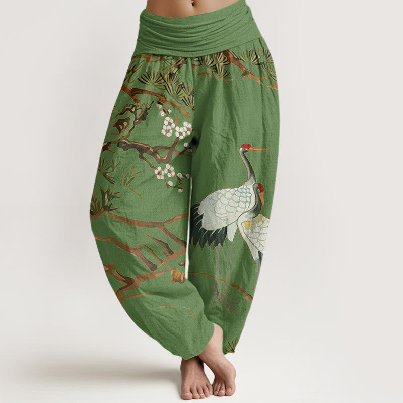 Damskie spodnie haremowe z elastyczną talią i bawełnianymi wstawkami z motywem Buddha Stones , kwiatów śliwy i żurawi - ForestGreen - US22, UK/AU26, EU54 (6XL) - image 0