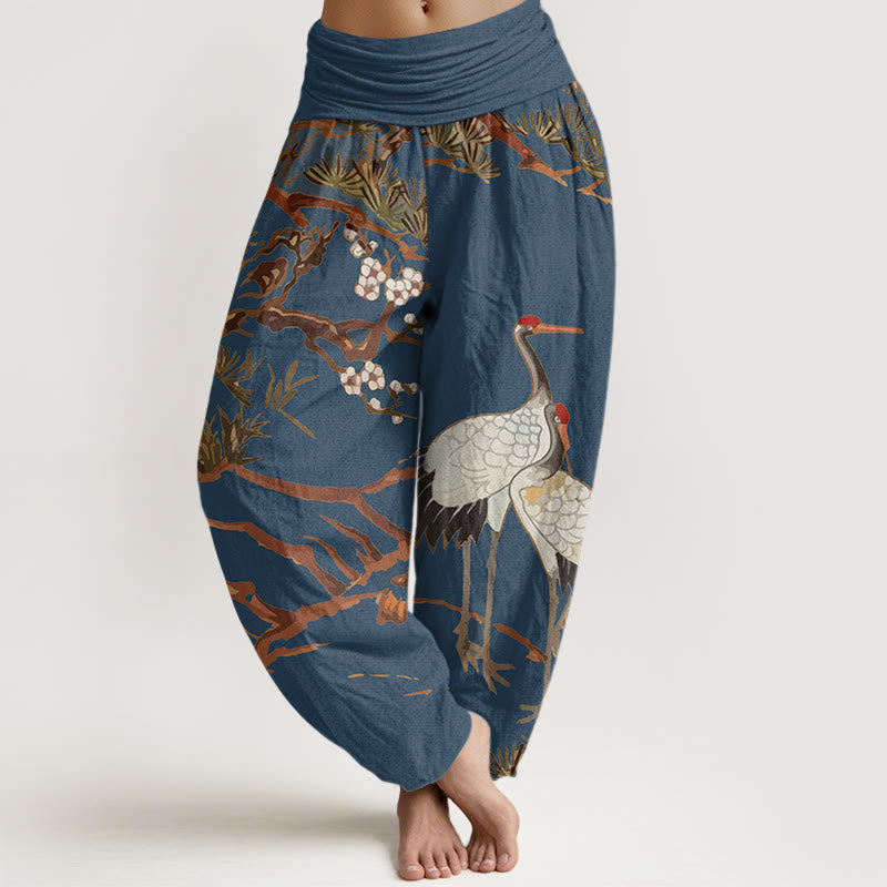 Damskie spodnie haremowe z elastyczną talią i bawełnianymi wstawkami z motywem Buddha Stones , kwiatów śliwy i żurawi - Stalowoniebieski - US22, UK/AU26, EU54 (6XL) - image 5