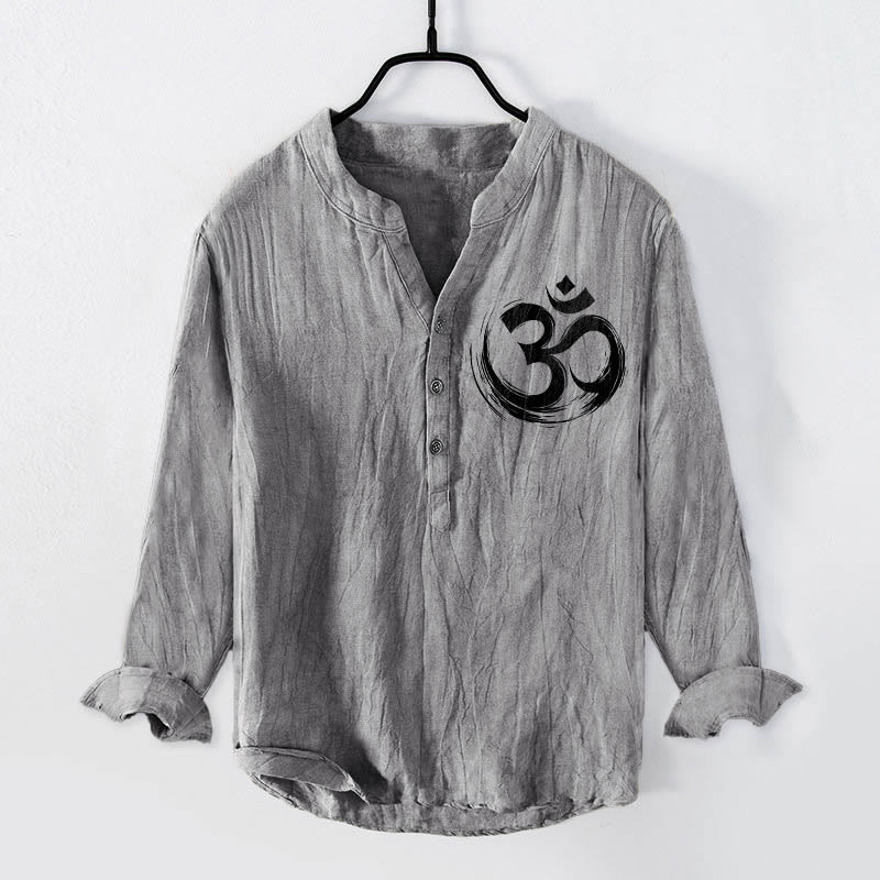 Koszula męska z długim rękawem z bawełny i lnu z motywem symbolu Om i Buddha Stones - Szary - US/UK/AU50, EU60 (5XL) - image 0