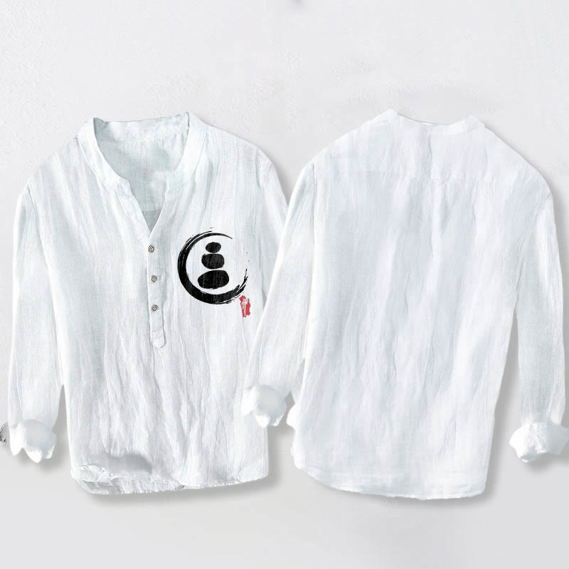 Koszula męska z długim rękawem z bawełny i lnu z motywem kamieni Buddha Stones i kamieni zen, zapinana na pół guziki - image 8