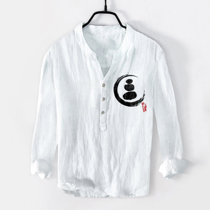 Koszula męska z długim rękawem z bawełny i lnu z motywem kamieni Buddha Stones i kamieni zen, zapinana na pół guziki - Biały - US/UK/AU50, EU60 (5XL) - image 6