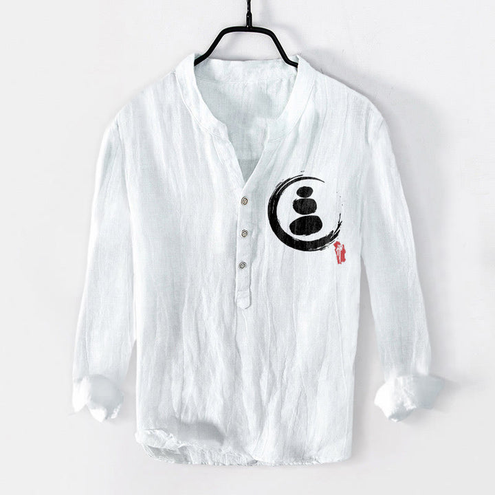 Koszula męska z długim rękawem z bawełny i lnu z motywem kamieni Buddha Stones i kamieni zen, zapinana na pół guziki - Biały - US/UK/AU50, EU60 (5XL) - image 6