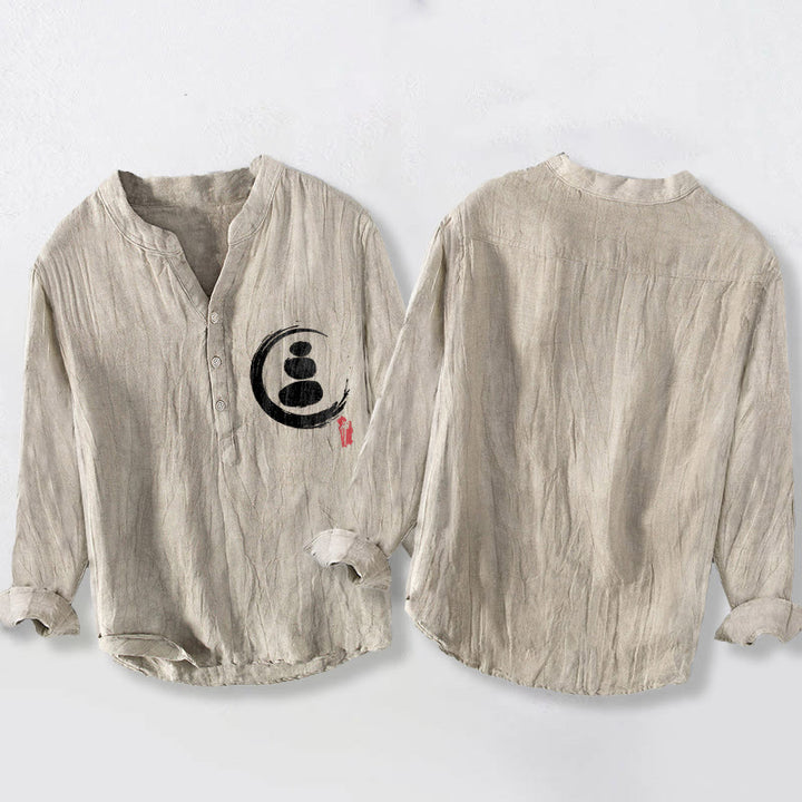 Koszula męska z długim rękawem z bawełny i lnu z motywem kamieni Buddha Stones i kamieni zen, zapinana na pół guziki - image 5