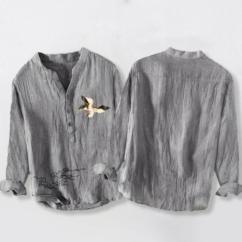 Koszula męska z długim rękawem z bawełny i lnu, z Buddha Stones, żurawiem i pomyślnymi chmurami, zapinana na pół guziki - image 2