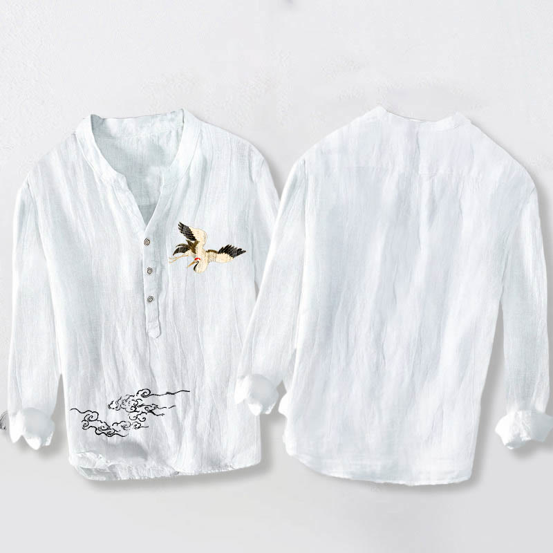 Koszula męska z długim rękawem z bawełny i lnu, z Buddha Stones, żurawiem i pomyślnymi chmurami, zapinana na pół guziki - image 8