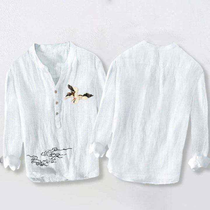 Koszula męska z długim rękawem z bawełny i lnu, z Buddha Stones, żurawiem i pomyślnymi chmurami, zapinana na pół guziki - image 8