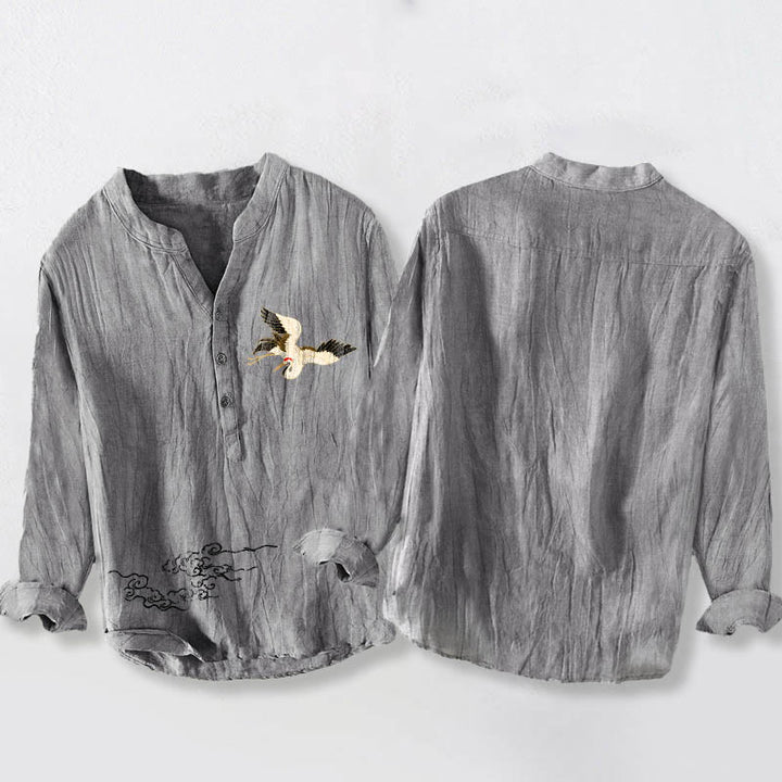 Koszula męska z długim rękawem z bawełny i lnu, z Buddha Stones, żurawiem i pomyślnymi chmurami, zapinana na pół guziki - image 2