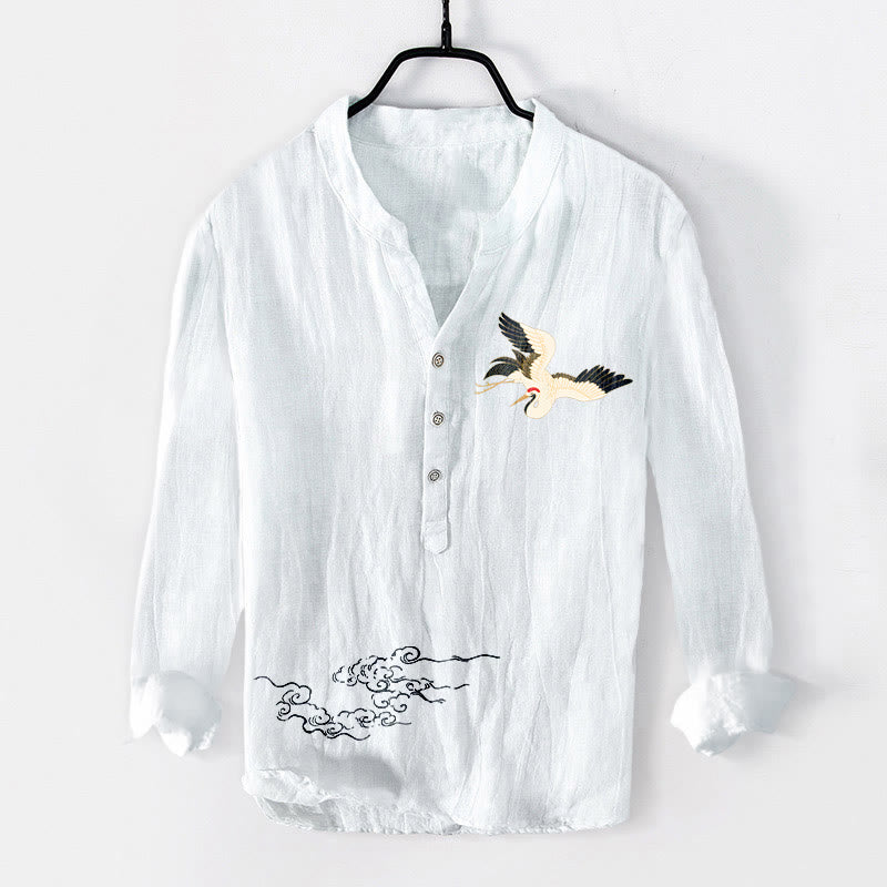 Koszula męska z długim rękawem z bawełny i lnu, z Buddha Stones, żurawiem i pomyślnymi chmurami, zapinana na pół guziki - Biały - US/UK/AU50, EU60 (5XL) - image 6