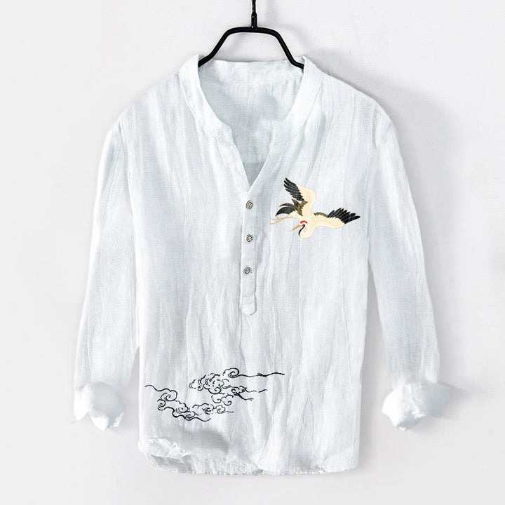Koszula męska z długim rękawem z bawełny i lnu, z Buddha Stones, żurawiem i pomyślnymi chmurami, zapinana na pół guziki - Biały - US/UK/AU50, EU60 (5XL) - image 6