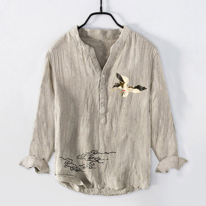 Koszula męska z długim rękawem z bawełny i lnu, z Buddha Stones, żurawiem i pomyślnymi chmurami, zapinana na pół guziki - Bielizna - US/UK/AU50, EU60 (5XL) - image 3