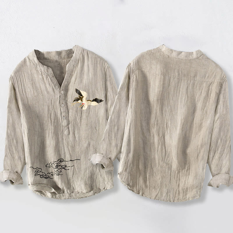 Koszula męska z długim rękawem z bawełny i lnu, z Buddha Stones, żurawiem i pomyślnymi chmurami, zapinana na pół guziki - image 5