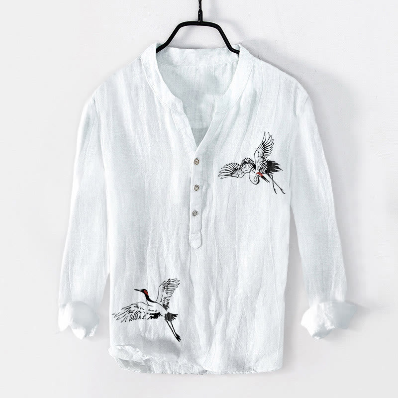 Koszula męska z długim rękawem z bawełny i lnu z motywem żurawia mandżurskiego i Buddha Stones - Biały - US/UK/AU50, EU60 (5XL) - image 0