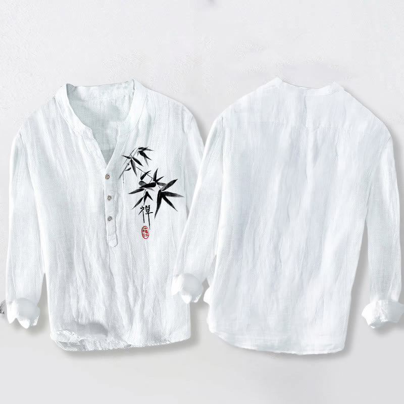 Koszula męska z długim rękawem z bawełny i lnu z motywem kamieni Buddha Stones, bambusa i zen, zapinana na pół guziki - image 8