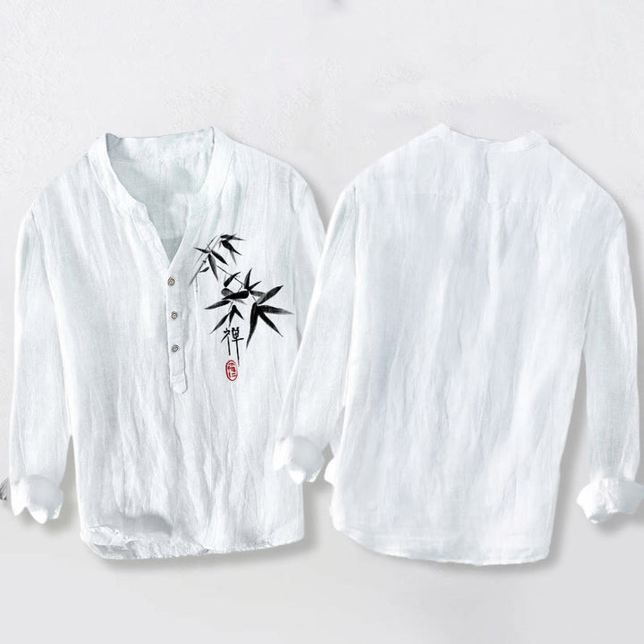 Koszula męska z długim rękawem z bawełny i lnu z motywem kamieni Buddha Stones, bambusa i zen, zapinana na pół guziki - image 8