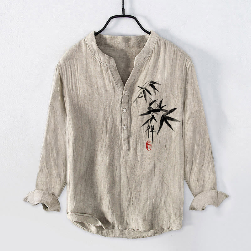 Koszula męska z długim rękawem z bawełny i lnu z motywem kamieni Buddha Stones, bambusa i zen, zapinana na pół guziki - Bielizna - US/UK/AU50, EU60 (5XL) - image 0