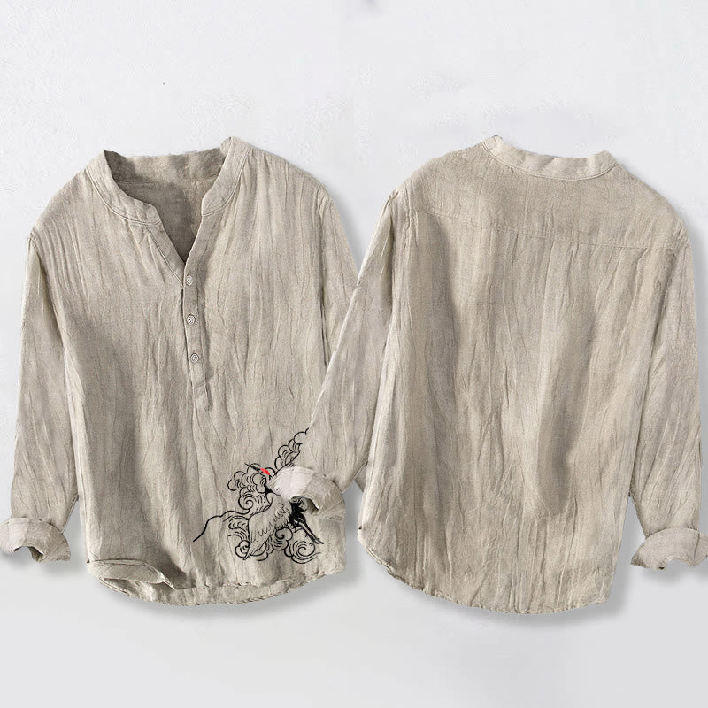 Koszula męska z długim rękawem z bawełny i lnu, z motywem Buddha Stones , z półguzikami i wzorem żurawia mandżurskiego - image 2