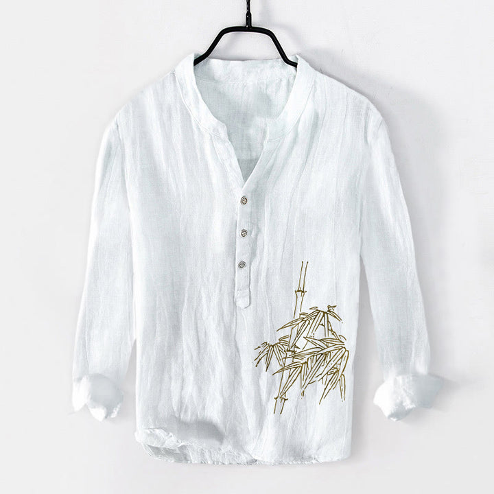 Koszula męska z długim rękawem z bawełny i lnu z motywem Buddha Stones bambusa, zapinana na pół guziki - Biały - US/UK/AU50, EU60 (5XL) - image 0