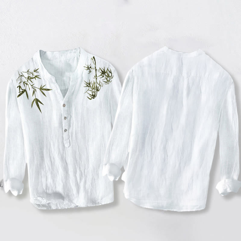 Koszula męska z długim rękawem z bawełny i lnu z motywem zielonych liści bambusa i Buddha Stones zapinana na pół guziki - image 8