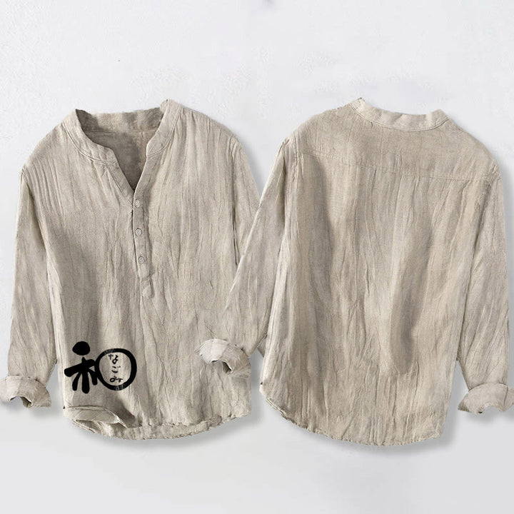 Koszula męska z długim rękawem z bawełny i lnu z motywem Buddha Stones i chińskim wzorem harmonii, zapinana na pół guziki - image 5