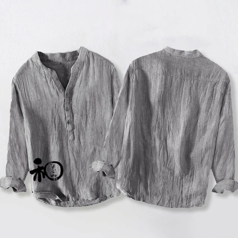 Koszula męska z długim rękawem z bawełny i lnu z motywem Buddha Stones i chińskim wzorem harmonii, zapinana na pół guziki - image 8