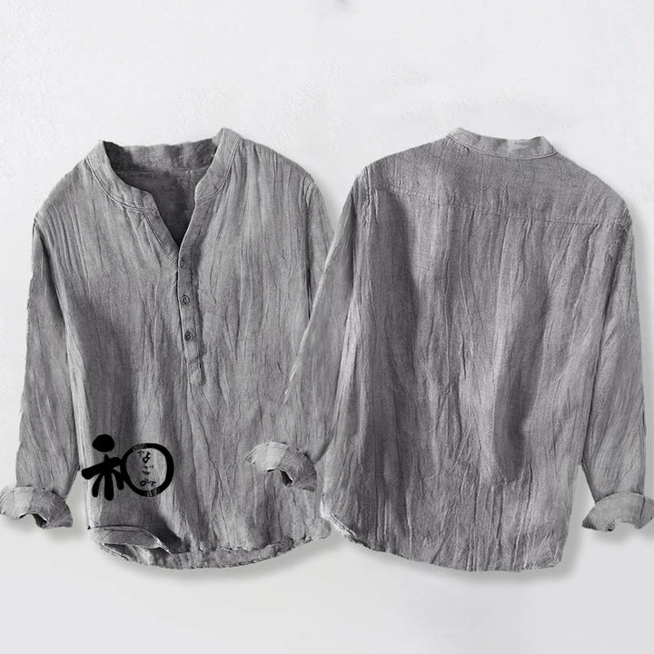 Koszula męska z długim rękawem z bawełny i lnu z motywem Buddha Stones i chińskim wzorem harmonii, zapinana na pół guziki - image 8