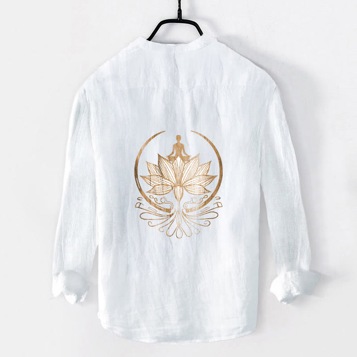 Koszula męska z długim rękawem z bawełny i lnu z motywem Buddha Stones i medytującej osoby w kształcie lotosu, zapinana na pół guziki - image 8