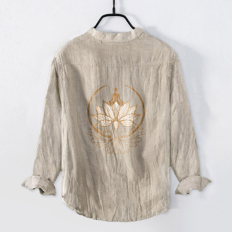 Koszula męska z długim rękawem z bawełny i lnu z motywem Buddha Stones i medytującej osoby w kształcie lotosu, zapinana na pół guziki - image 5