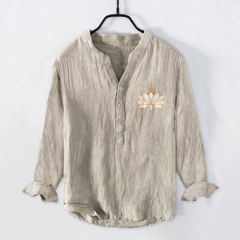 Koszula męska z długim rękawem z bawełny i lnu z motywem Buddha Stones i medytującej osoby w kształcie lotosu, zapinana na pół guziki - image 4