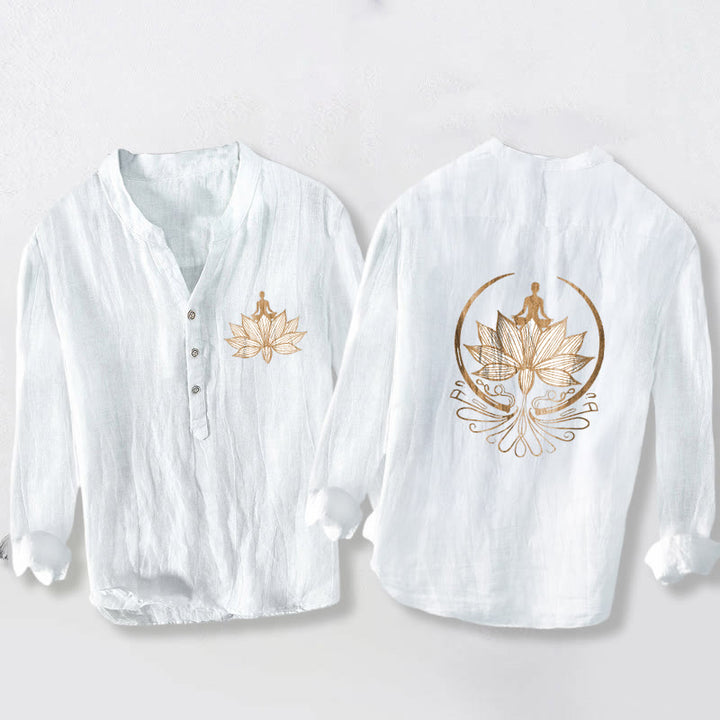 Koszula męska z długim rękawem z bawełny i lnu z motywem Buddha Stones i medytującej osoby w kształcie lotosu, zapinana na pół guziki - Biały - US/UK/AU50, EU60 (5XL) - image 6
