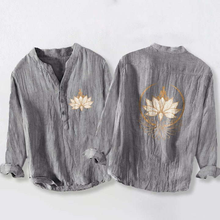 Koszula męska z długim rękawem z bawełny i lnu z motywem Buddha Stones i medytującej osoby w kształcie lotosu, zapinana na pół guziki - Szary - US/UK/AU50, EU60 (5XL) - image 0