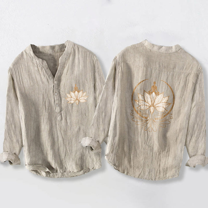 Koszula męska z długim rękawem z bawełny i lnu z motywem Buddha Stones i medytującej osoby w kształcie lotosu, zapinana na pół guziki - Bielizna - US/UK/AU50, EU60 (5XL) - image 3