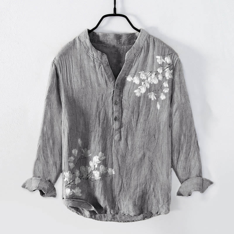 Koszula męska z długim rękawem z bawełny i lnu, z motywem kwiatów magnolii i Buddha Stones , zapinana na pół guziki - Szary - US/UK/AU50, EU60 (5XL) - image 0