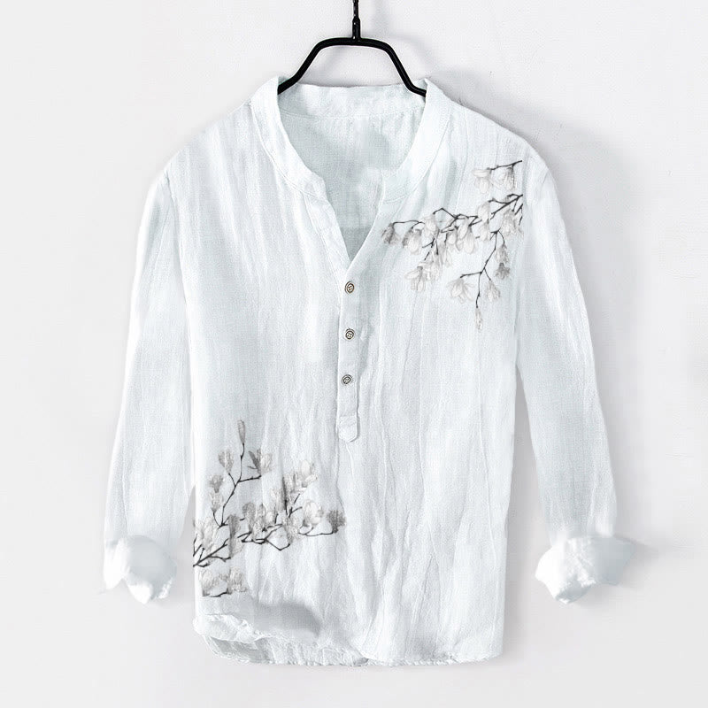 Koszula męska z długim rękawem z bawełny i lnu, z motywem kwiatów magnolii i Buddha Stones , zapinana na pół guziki - Biały - US/UK/AU50, EU60 (5XL) - image 6