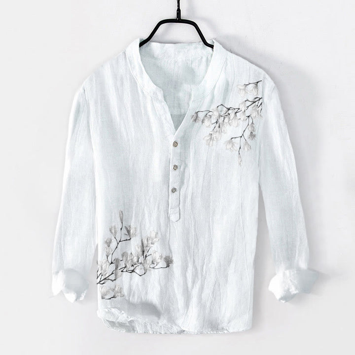 Koszula męska z długim rękawem z bawełny i lnu, z motywem kwiatów magnolii i Buddha Stones , zapinana na pół guziki - Biały - US/UK/AU50, EU60 (5XL) - image 6