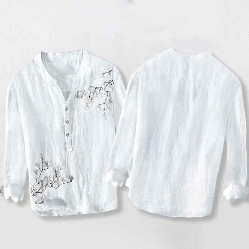 Koszula męska z długim rękawem z bawełny i lnu, z motywem kwiatów magnolii i Buddha Stones , zapinana na pół guziki - image 8