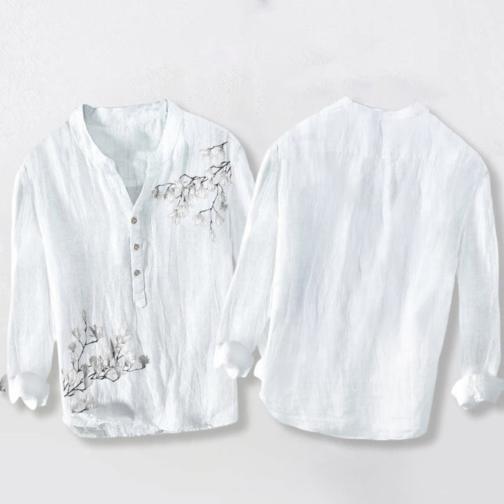 Koszula męska z długim rękawem z bawełny i lnu, z motywem kwiatów magnolii i Buddha Stones , zapinana na pół guziki - image 8