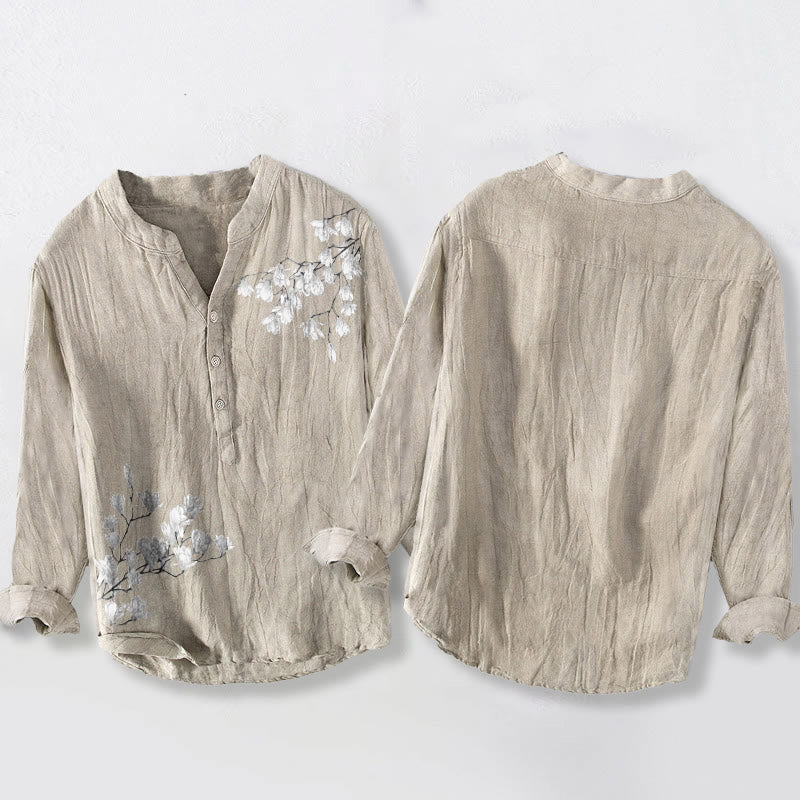 Koszula męska z długim rękawem z bawełny i lnu, z motywem kwiatów magnolii i Buddha Stones , zapinana na pół guziki - image 5