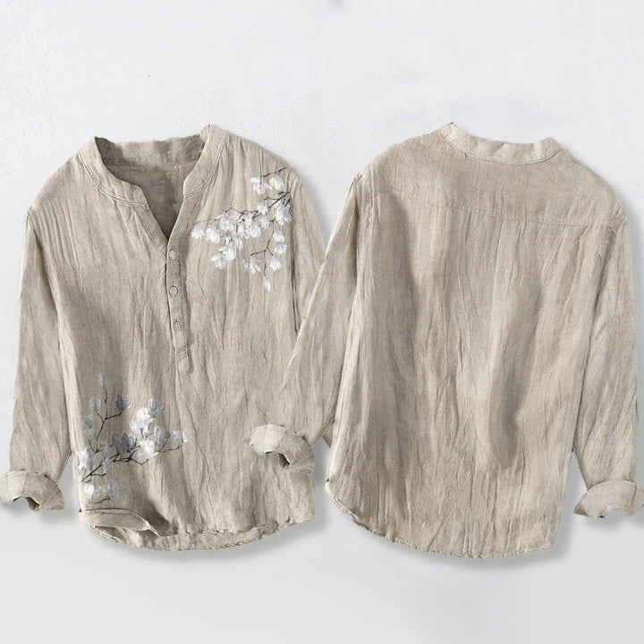 Koszula męska z długim rękawem z bawełny i lnu, z motywem kwiatów magnolii i Buddha Stones , zapinana na pół guziki - image 5