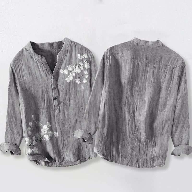 Koszula męska z długim rękawem z bawełny i lnu, z motywem kwiatów magnolii i Buddha Stones , zapinana na pół guziki - image 2