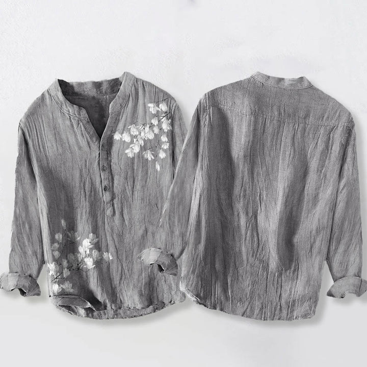 Koszula męska z długim rękawem z bawełny i lnu, z motywem kwiatów magnolii i Buddha Stones , zapinana na pół guziki - image 2