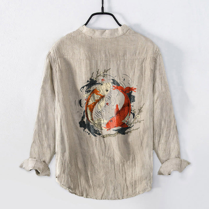 Koszula męska z długim rękawem z bawełny i lnu, z motywem yin yang i czerwonymi, białymi i kamieniami Buddha Stones - image 2