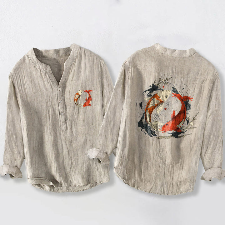 Koszula męska z długim rękawem z bawełny i lnu, z motywem yin yang i czerwonymi, białymi i kamieniami Buddha Stones - Bielizna - US/UK/AU50, EU60 (5XL) - image 0