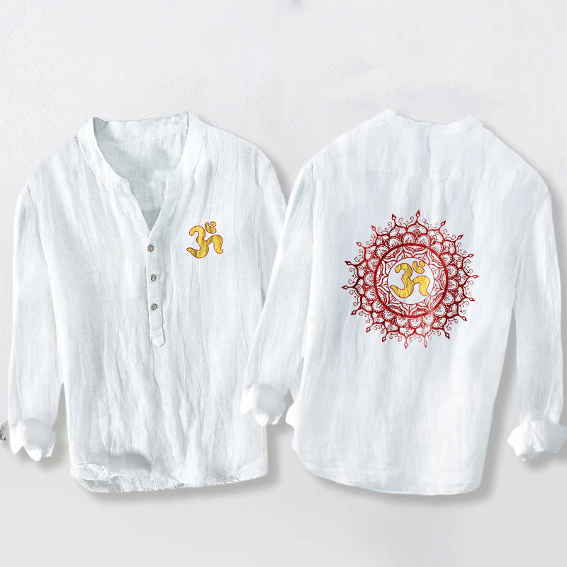Koszula męska z długim rękawem z bawełny i lnu, z symbolem OM i Buddha Stones , z półguzikami i wzorem mandali - Biały - US/UK/AU50, EU60 (5XL) - image 0