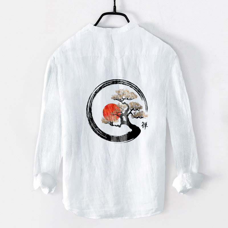 Koszula męska z długim rękawem z bawełny i lnu, z motywem Buddha Stones i sosny, z półguzikami i wzorem słońca - image 8