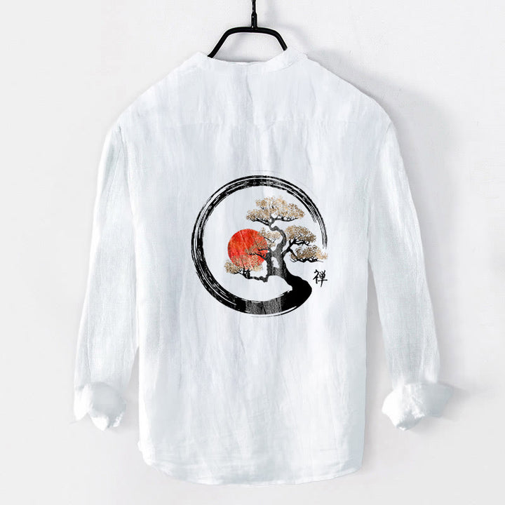 Koszula męska z długim rękawem z bawełny i lnu, z motywem Buddha Stones i sosny, z półguzikami i wzorem słońca - image 8