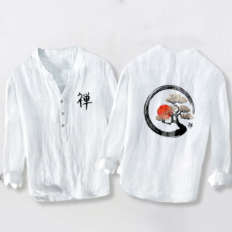 Koszula męska z długim rękawem z bawełny i lnu, z motywem Buddha Stones i sosny, z półguzikami i wzorem słońca - Biały - US/UK/AU50, EU60 (5XL) - image 6