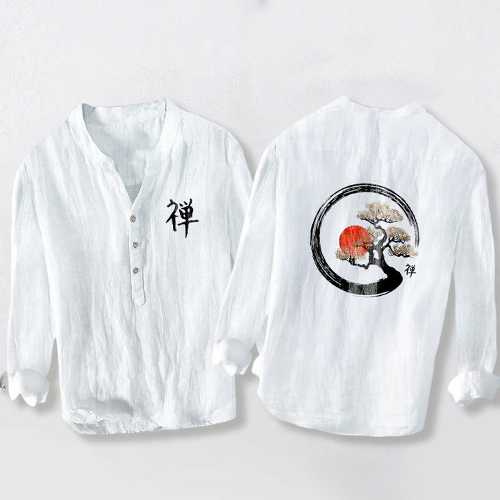 Koszula męska z długim rękawem z bawełny i lnu, z motywem Buddha Stones i sosny, z półguzikami i wzorem słońca - Biały - US/UK/AU50, EU60 (5XL) - image 6